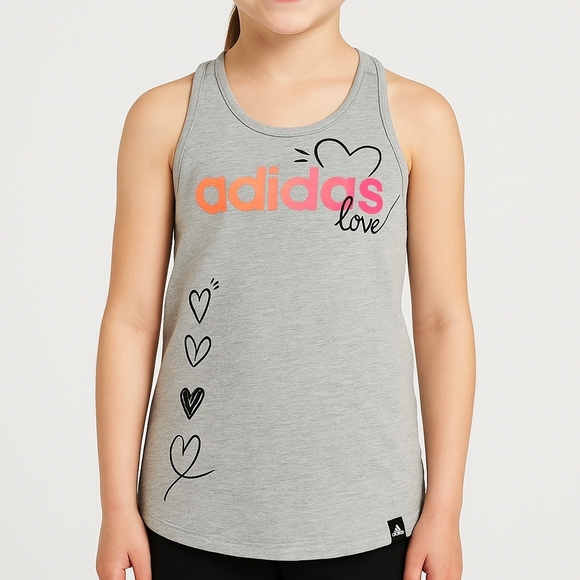 Adidas Girls “Love” Tank Top Gray Size 14 – Heart Graphic Athletic Racerback - Picture 5 of 5